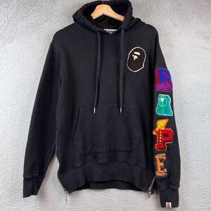 BAPE A Bathing Ape Black Full Zip Hoodie Ape Head Patch Bape Letters Sleeve Men